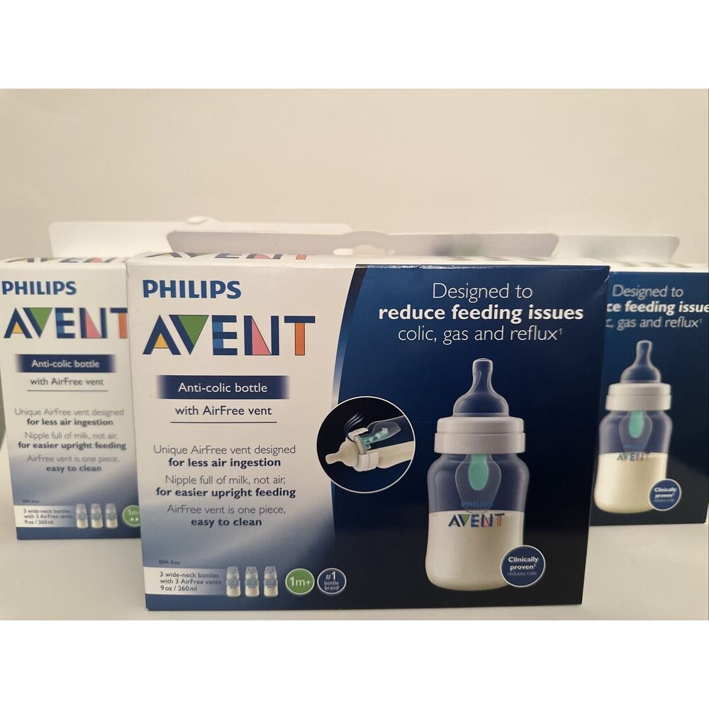 (3) NEW Phillips~Avent~×3 Anti-Colic Wide Neck Bottles (9oz) AirFree Vent~1‎ M+